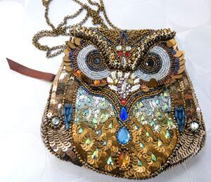 CATO OWL Handbag Beads Sequins Stones Pearls Zip Pocket Brown Tweed NEW